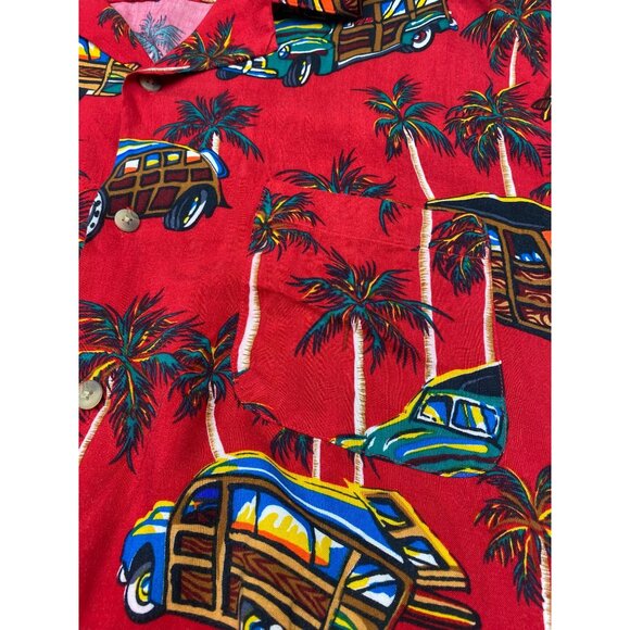 After Dark By Falcon Bay Red Hawaiian Shirt With Woody Cars & Palm Trees Print L - Picture 2 of 6